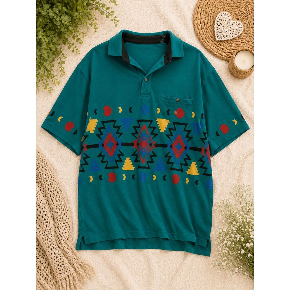 Vintage Cripple Creek Southwestern Aztec Polo Shirt Men's Medium 90s Teal Cotton